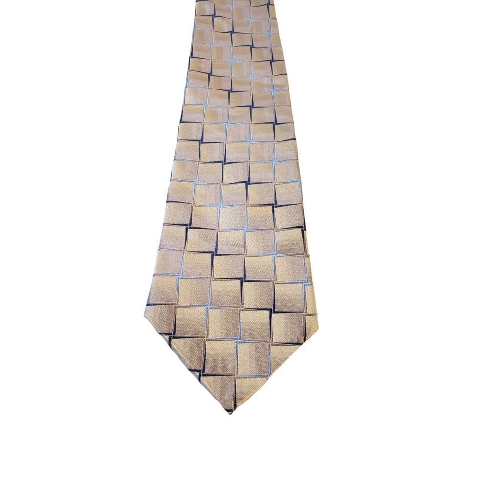 Paul Dione Necktie Mens Luxury 100% Silk Tan Blue Squares Geometric Tie Business